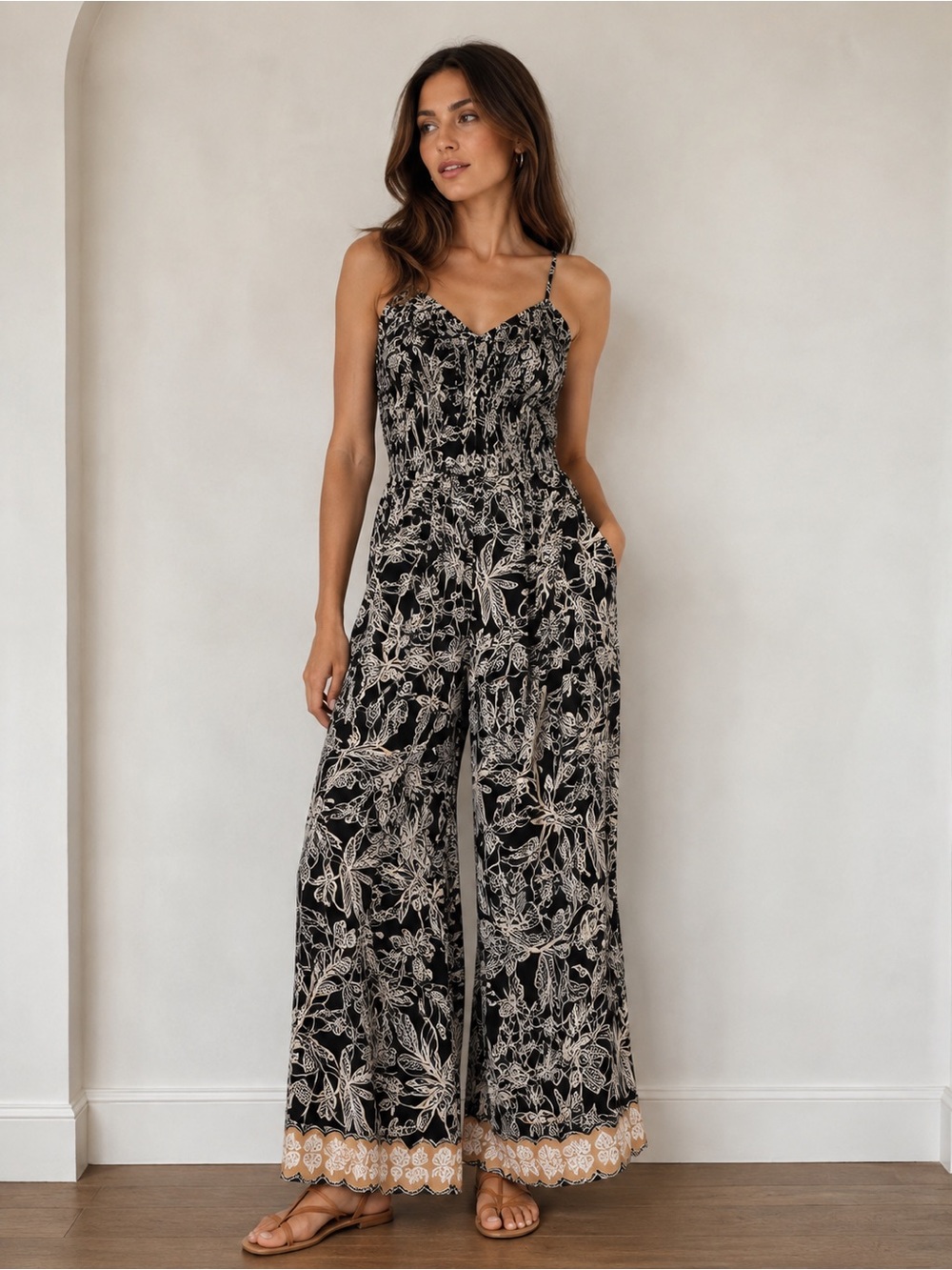 Zara Black Jumpsuit with Cream Floral Print (fits like a Medium)